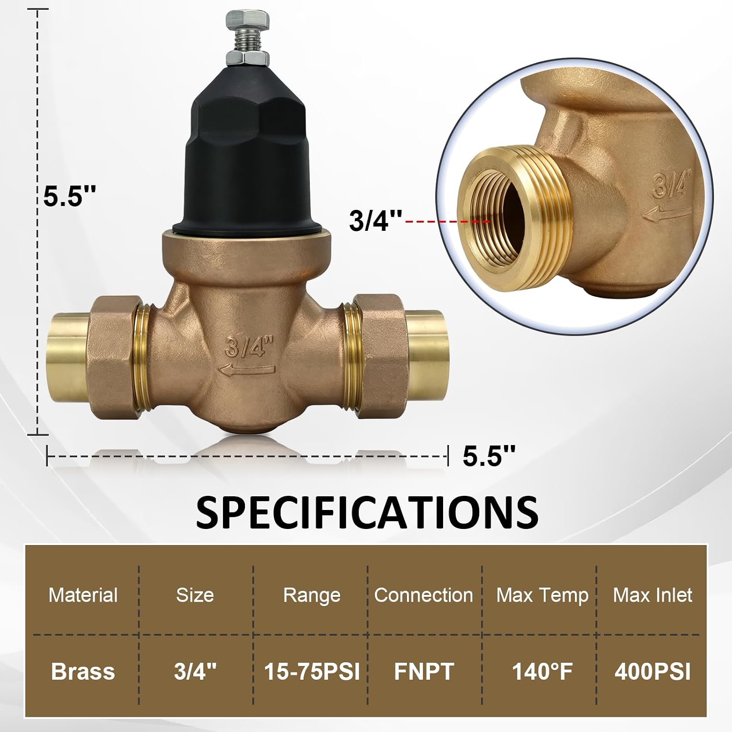 34-NR3XLDU 3/4" NR3XL Pressure Reducing Valve | Double Union, FNPT Connection, Adjustable 15 to 75 PSI