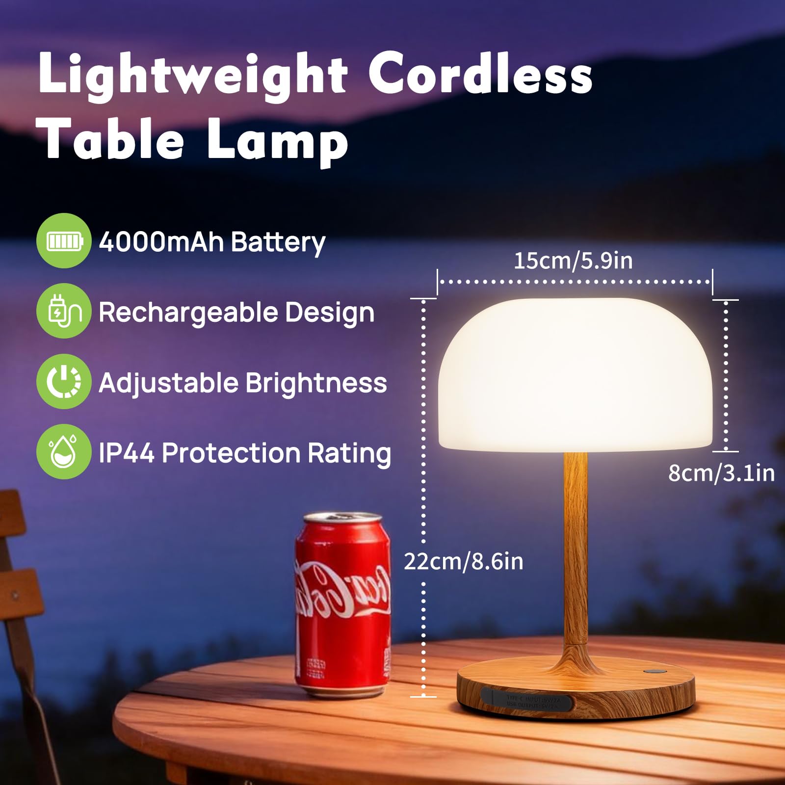 Lampara de Mesita de Noche, Lámpara de Mesa Sin Cable, Luz LED Recargable con Pantalla Redonda, Iluminación Táctil Para Uso en Interiores/Exteriores Baños y Salones - Acabado en Madera