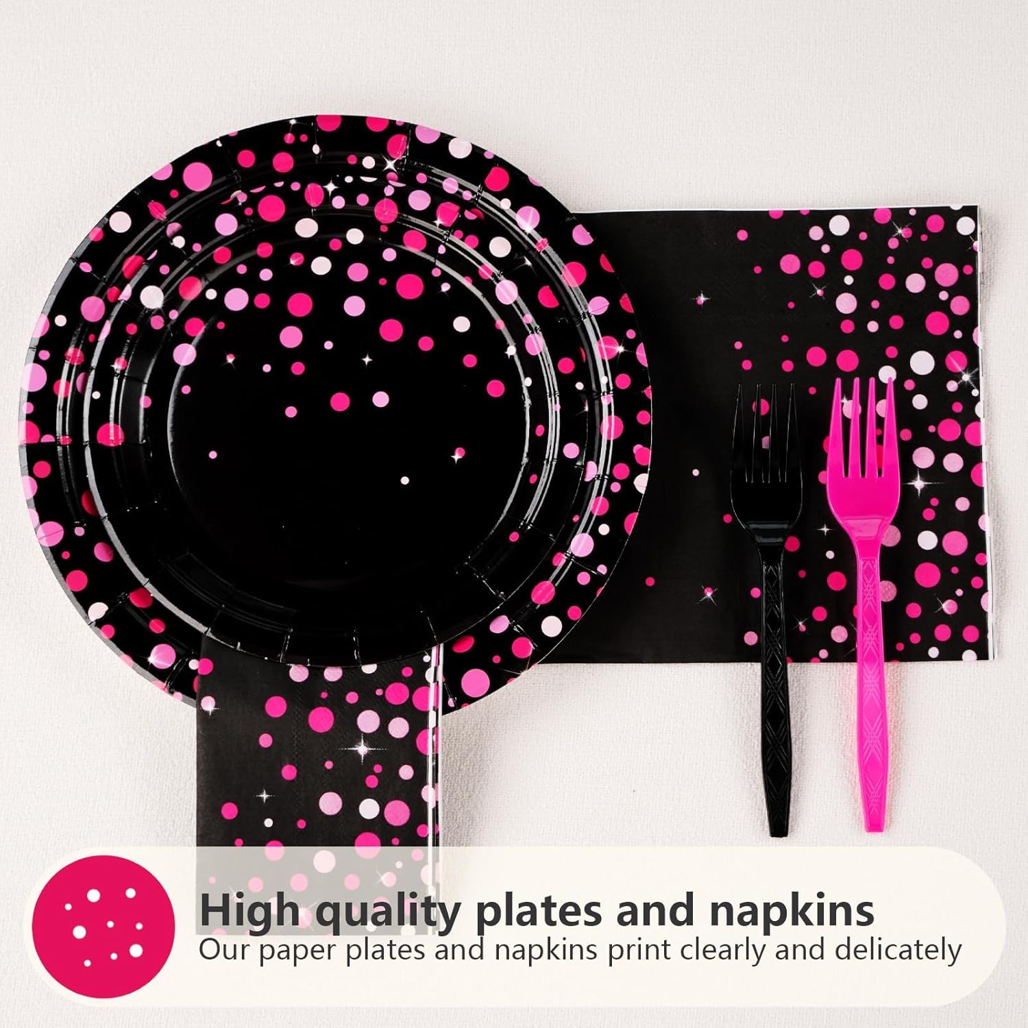 200Pcs Hot Pink and Black Birthday Party Decorations for Girls Hot Pink Dots on Black Party Plates and Napkins Tableware Sets for Bachelorette Birthday Bridal Shower Wedding Decorations,Serves 50