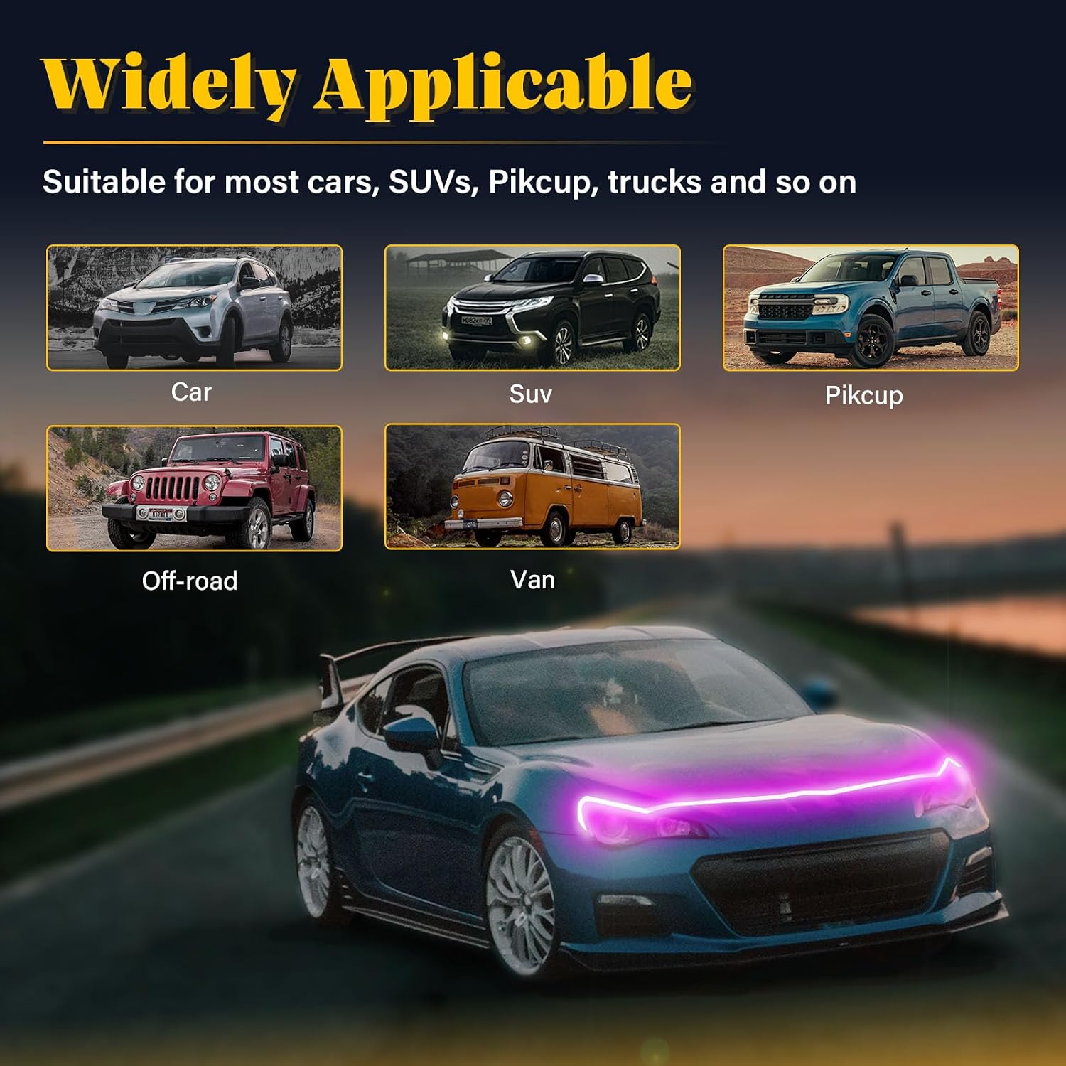 DIBMS 71" High Brightness Car Hood Gap LED Strip, LED Car Ambient Light, Dynamic Scan Activated Design, Daytime Driving Kits, Car Accessories Eclipse LED Lights (Pink)