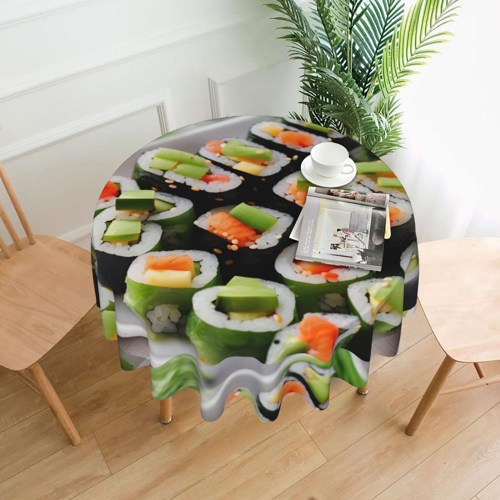 Nbtghga Sushi Dill Pickles Print Tablecloth Round Border Table Cloth Cover Decorative For Party Holiday Dinning Tabletop Home