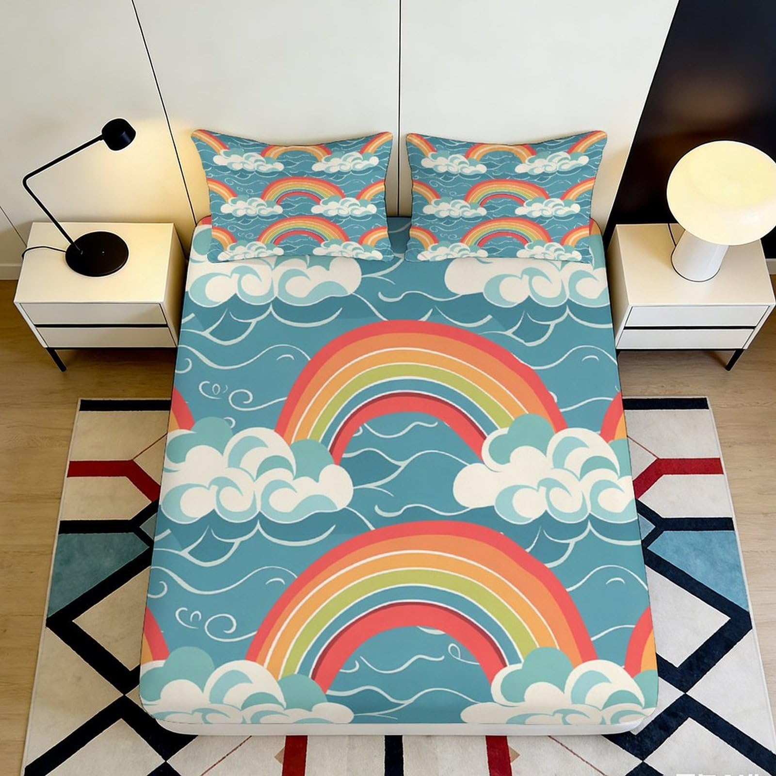 3D Printed Rainbow Clouds Fitted Sheet Microfiber Soft Mattress Cover Anti-Slip Easy Care for Bedroom Guest Room Decor 90x200x25cm