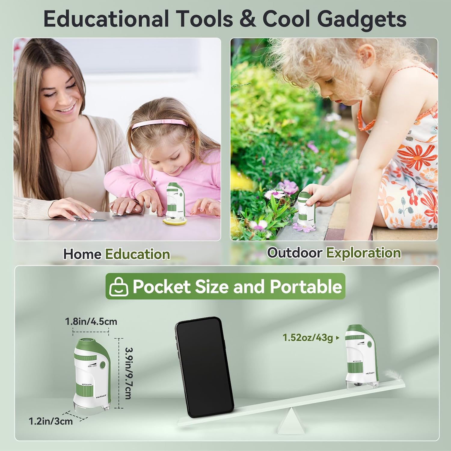 Pocket Microscope for Kids Portable Miniscope: 60-135X Mini Microscope with 5 Prepared Slides - Science Education and Nature Exploration Gifts for Boys Girls 6 7 8 9 10 11 12 (Green)