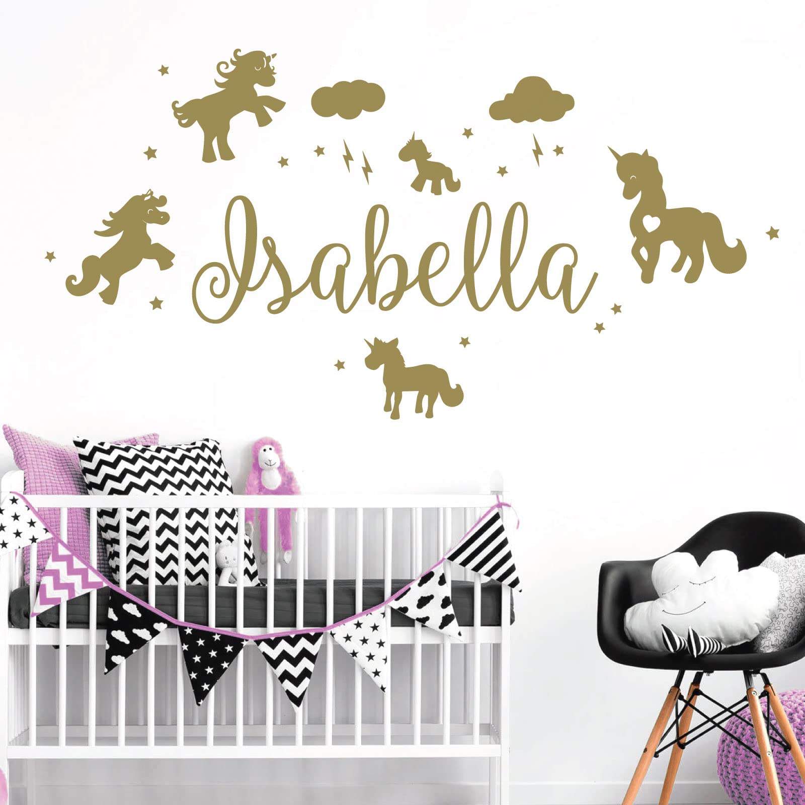 Unicorns, Stars & Clouds - Personalised Name Girls Wall Art Sticker [Large] [Gold]
