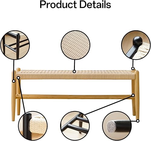 Miniatura 5 de Banco de entrada de madera maciza con almacenamiento de zapatos, roble rústico y diseño tejido, asiento de 45 pulgadas de largo para salas de estar