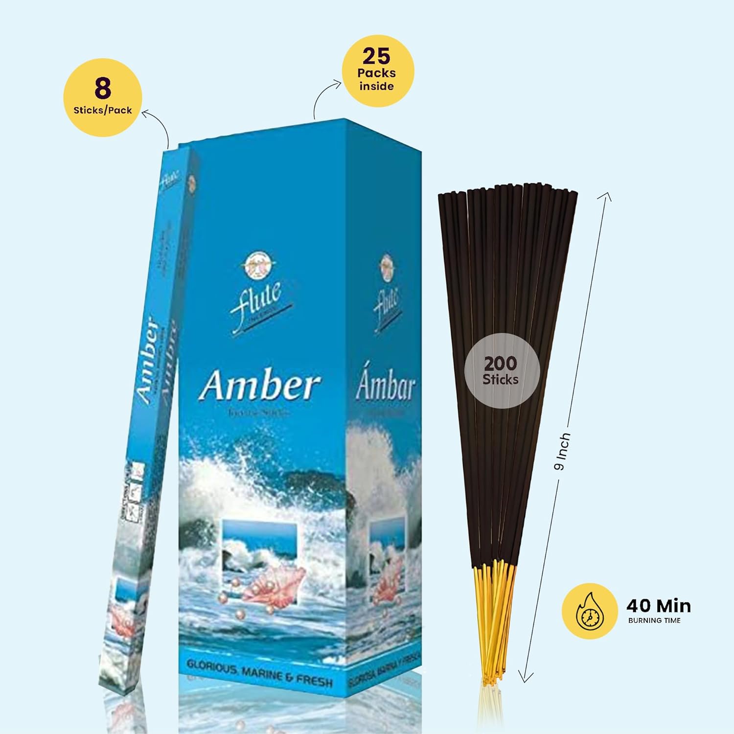 Flute Amber Incense Sticks – Warm Resin-Inspired Incense for Relaxation, Harmony & Luxurious Living - 8 Sticks/Pack, 25 Packs/Box (9 Inch, 200 Sticks) | 40 Minutes Burn Time