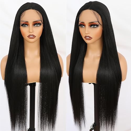 Miniatura 4 de Missyvan Black Long Straight Lace Front Wig Synthetic T-Part Natural Black Hair Pre-Plucked Wig Glueless Lace Wig Light Yaki Straight HD Lace Wigs