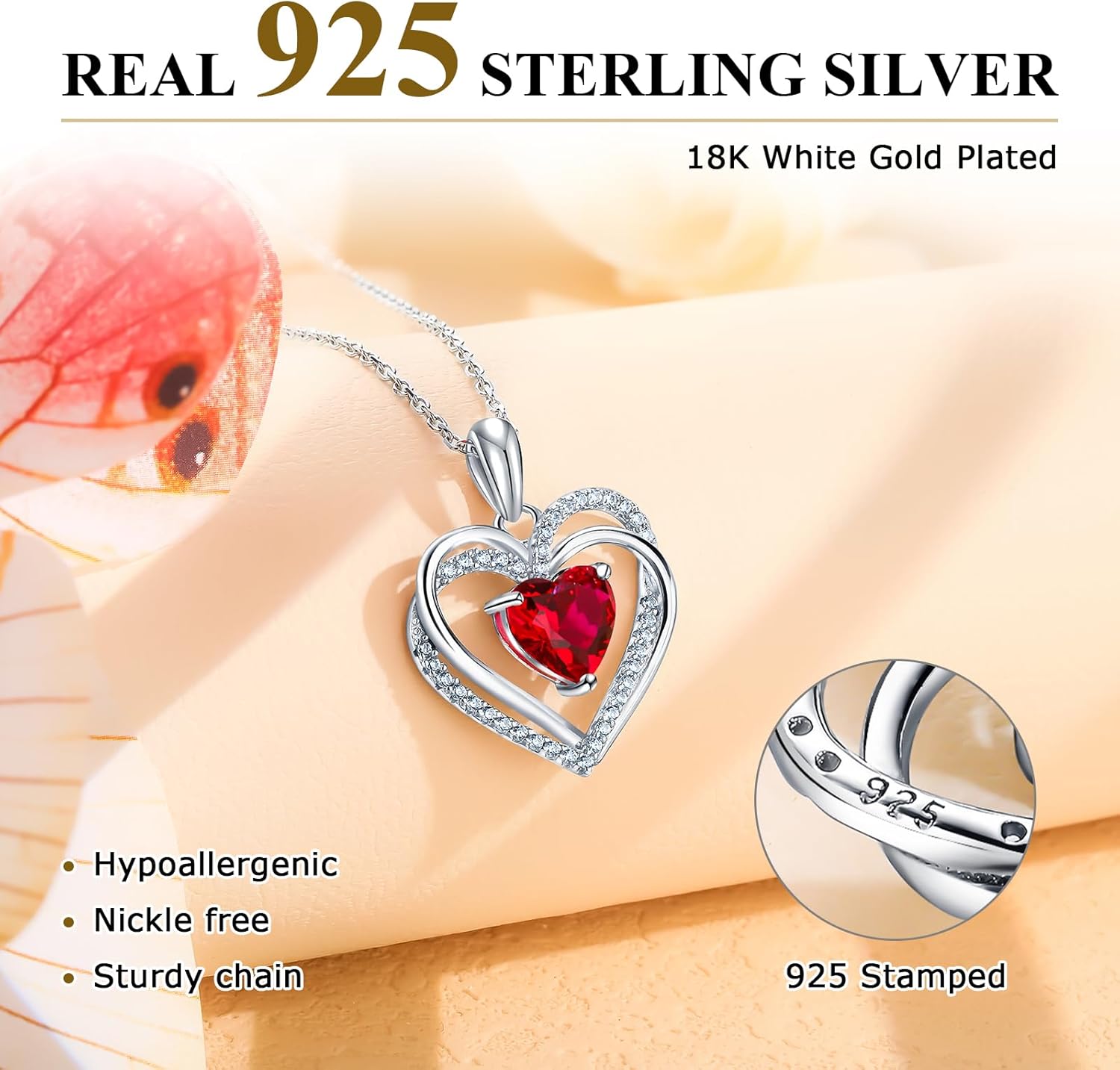 Anniversary Charm Necklace, Sterling Silver 14K Gold Plated Chain with Interlocking Heart Pendant Elegant Birthstone Necklaces for Women, Length 18"