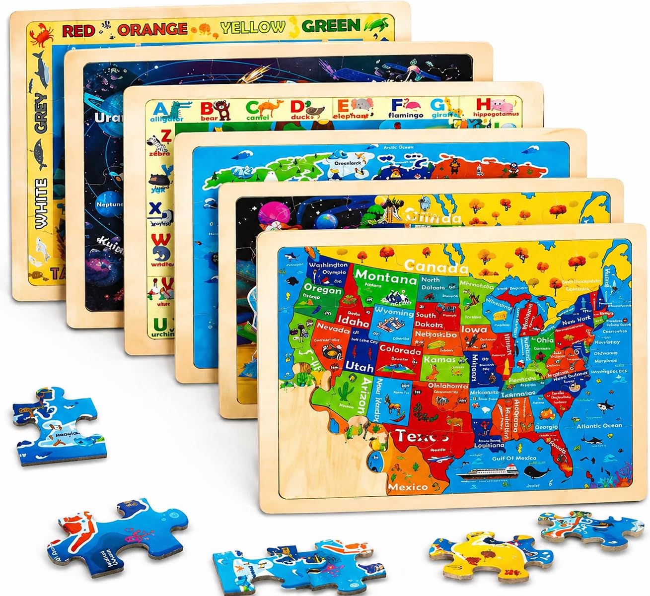 Holzpuzzle für Kinder von 2 bis 4 Jahren, 6 Packungen à 24 Stück, Sonnensystem, Weltkarte, Puzzles für Kleinkinder von 3 bis 5 Jahren, Lernspielzeug für Kinder im Vorschulalter