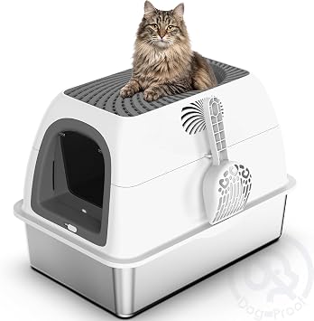 SuzziPaws Stainless Steel Litter Box Top-Entry Dog-Proof for Multi-Cats | XL Dark Grey Hooded Cat Litter Box with Filter & Scoop, Anti-Leakage High Walls Reduce Tracking for Multi-Cat Homes