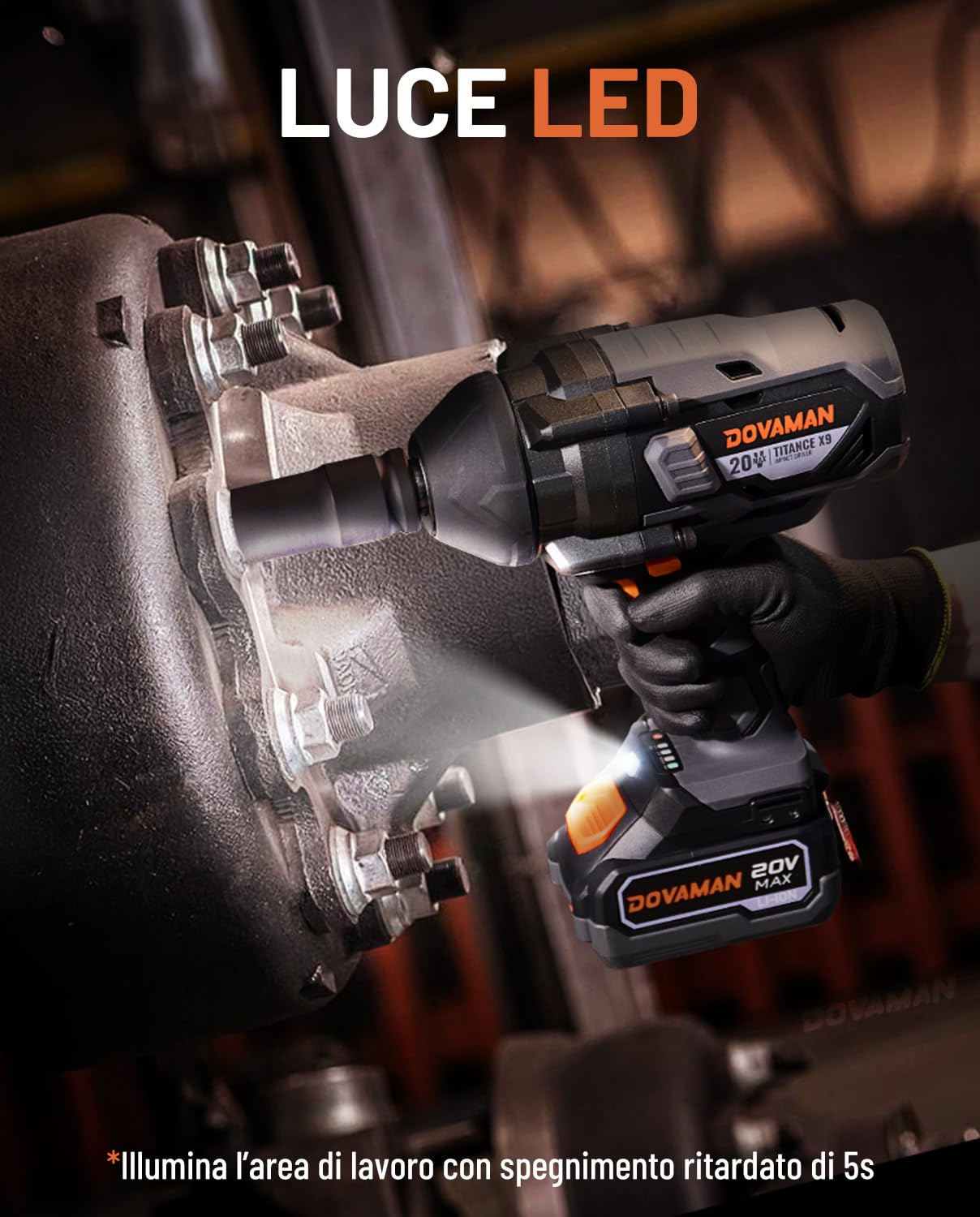 DOVAMAN TITANCE X9 Avvitatore a Impulsi Brushless 20V, Coppia Massima 2200Nm, Chiave a Impatto 3/4'', con Batteria 4.0Ah e Caricabatterie, Per Uso Gravoso e Intensivo