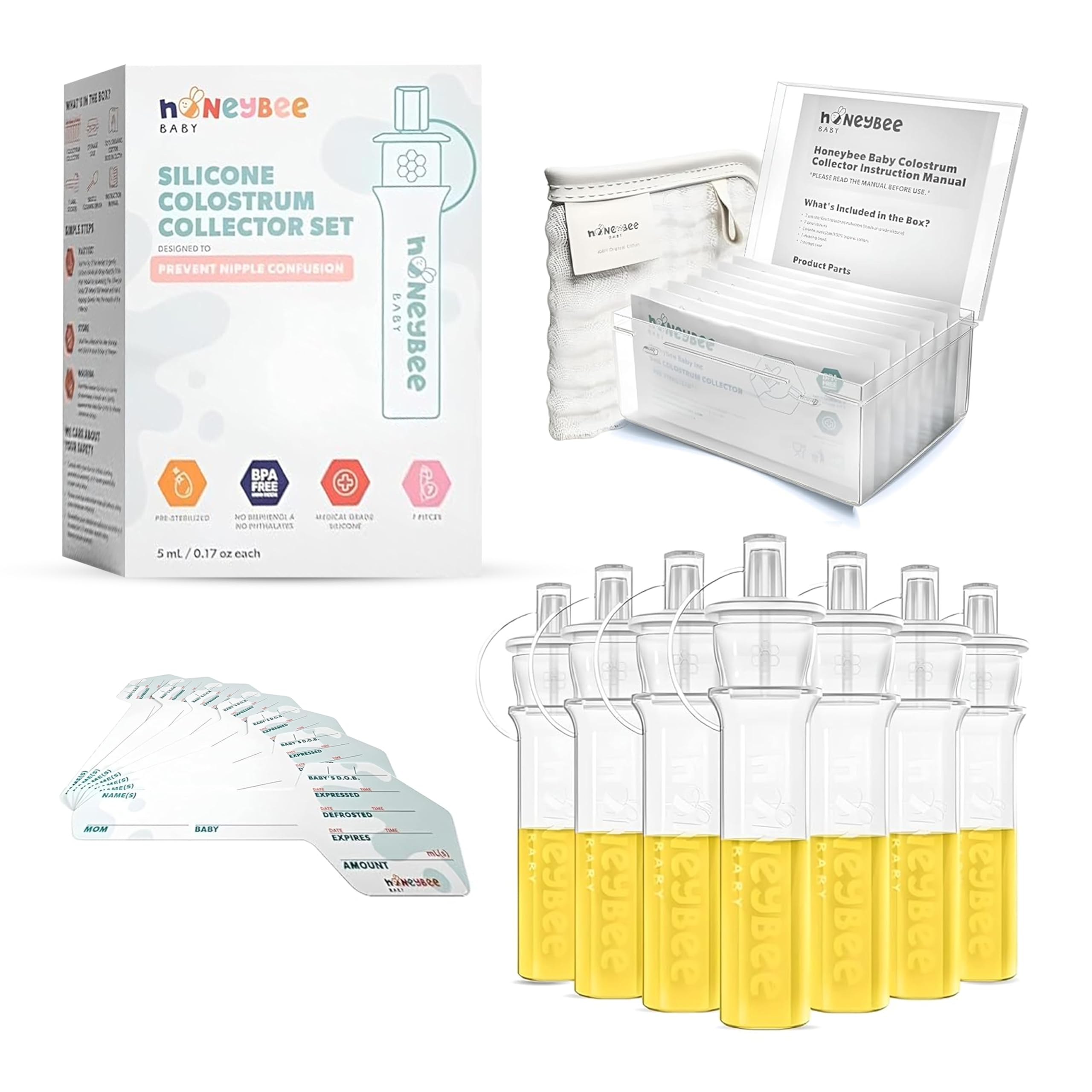Honeybee Baby Colostrum Collector Kit | Reusable Silicone Breast Milk Collector for Harvesting Colostrum Breastmilk, Pre-Sterilized Includes Storage Case & Cotton Wipe | Set of 7 Collectors, 5mL Each