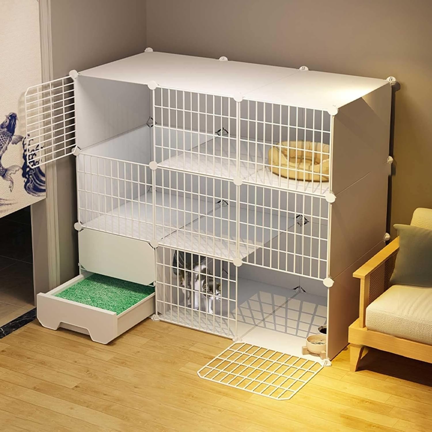 Indoor Cat Cage with Enclosed Litter Box, Large DIY Detachable Metal Cat Playpen & Kennel for Small Pets and Puppies(111X49X109CM)