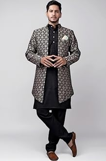 Men's Stylish Ethnic Wear Black Kurta Pajama Set with Long Jacket,
