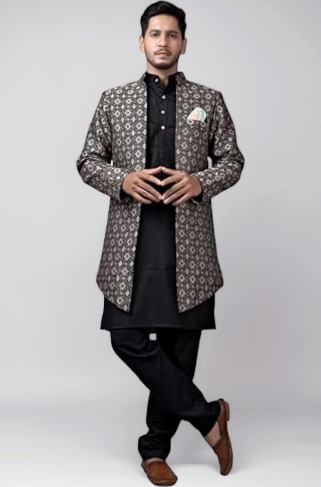 Amzira Men's Woven Printed Cotton Jacuqard Kurta Pajama Jacket with Long Sleeve Hip Length and Pull On Closure Type Jacket