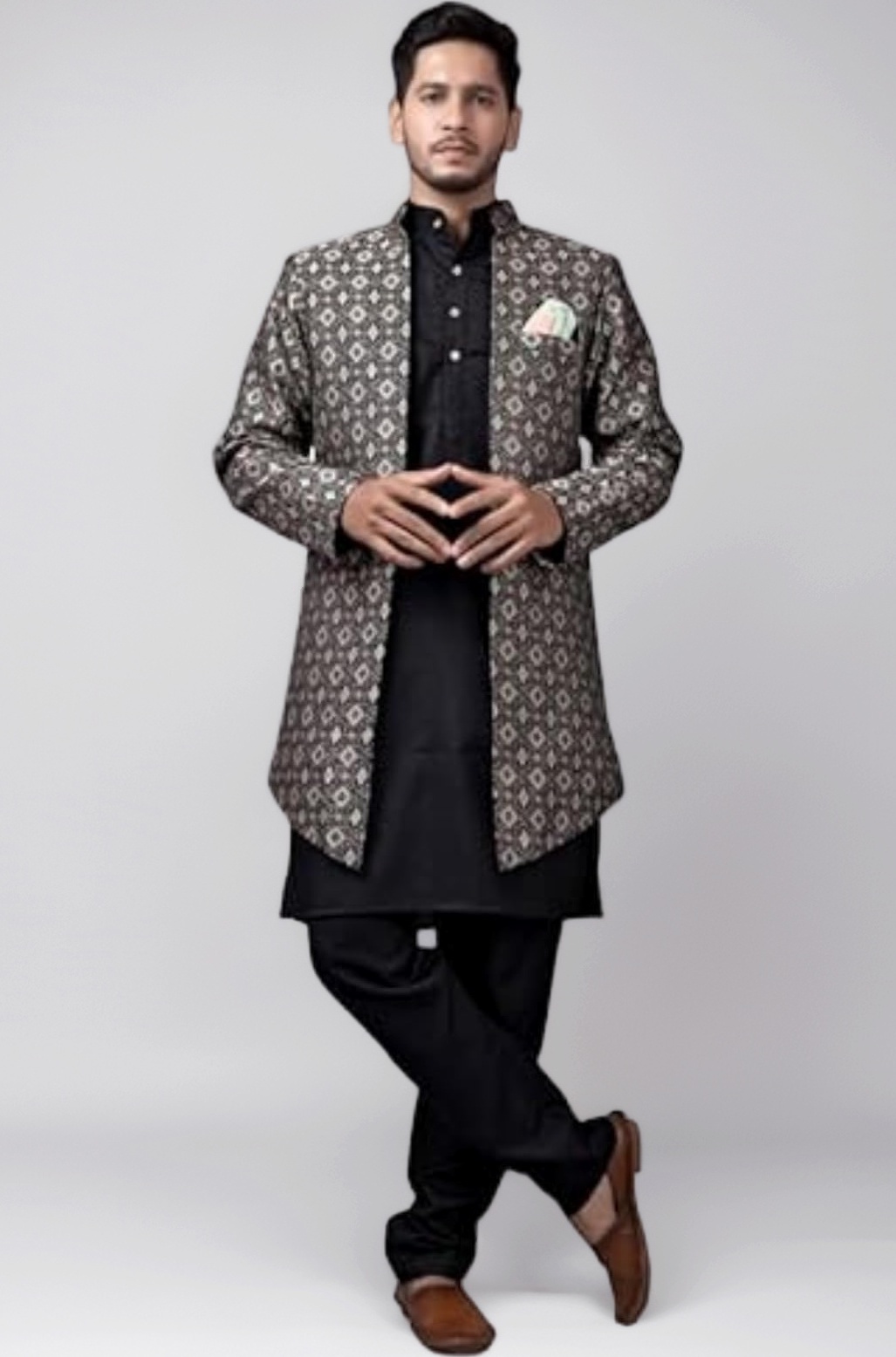 Men's Stylish Ethnic Wear Black Kurta Pajama Set with Long Jacket,