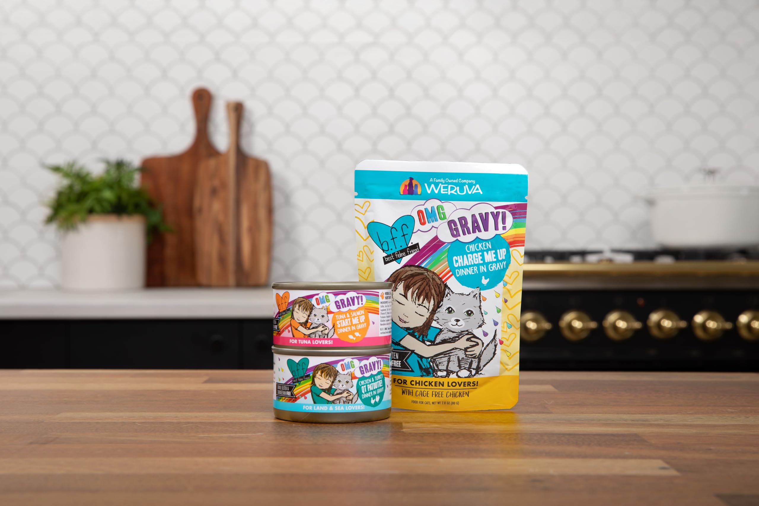 Weruva B.F.F. OMG - Best Feline Friend Oh My Gravy! Bezzbożowa, naturalna mokra karma dla kotów w puszkach, ląd i jezioro, przepisy kulinarne w sosie