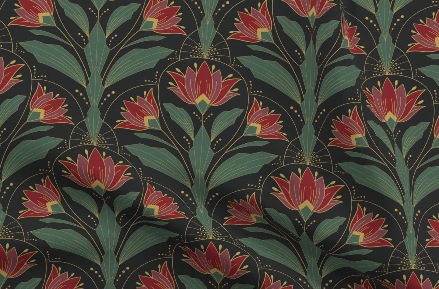 Spoonflower Fabric - Art Deco Floral Red Green Botanical Bold Retro Flowers Traditional Printed on Petal Cotton Fabric Fat Quarter - Sewing Quilting Apparel Crafts Decor