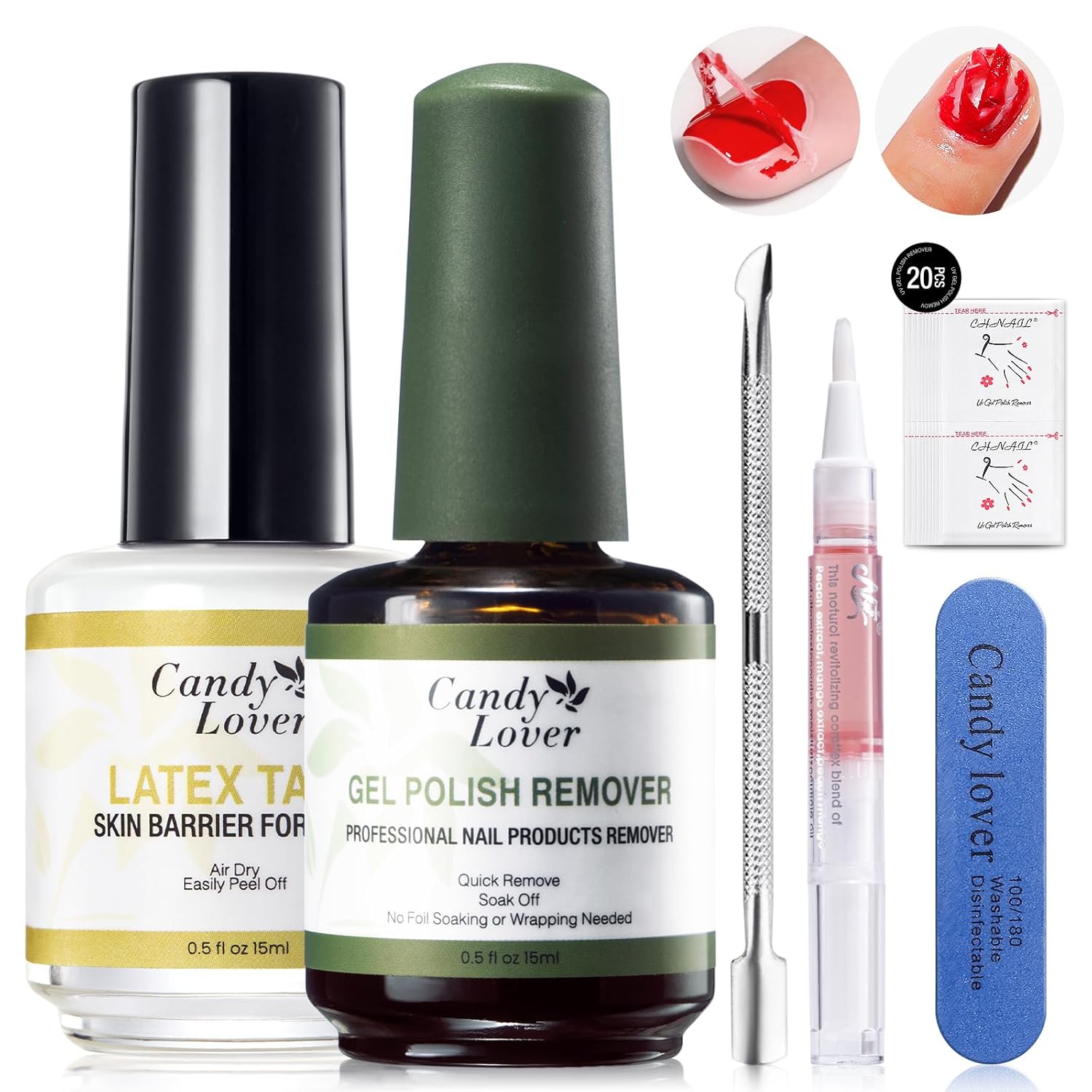 Candy Lover Kit removedor de esmalte de uñas de gel, cinta de látex líquido y removedor de esmalte de gel con empujador de cutículas y lima de uñas,