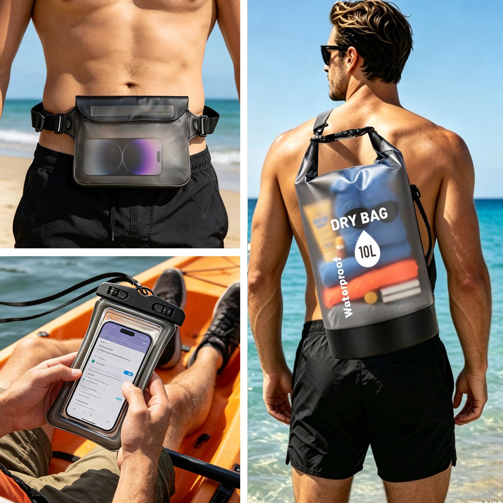 Dry Bag Sac à Dos Étanche 10L avec Sac Banane et Pochette Téléphone | PLCatis Sac Étanche Imperméable pour Bateau Kayak Rafting Camping Sports Nautiques avec Accessoires de Protection Noir