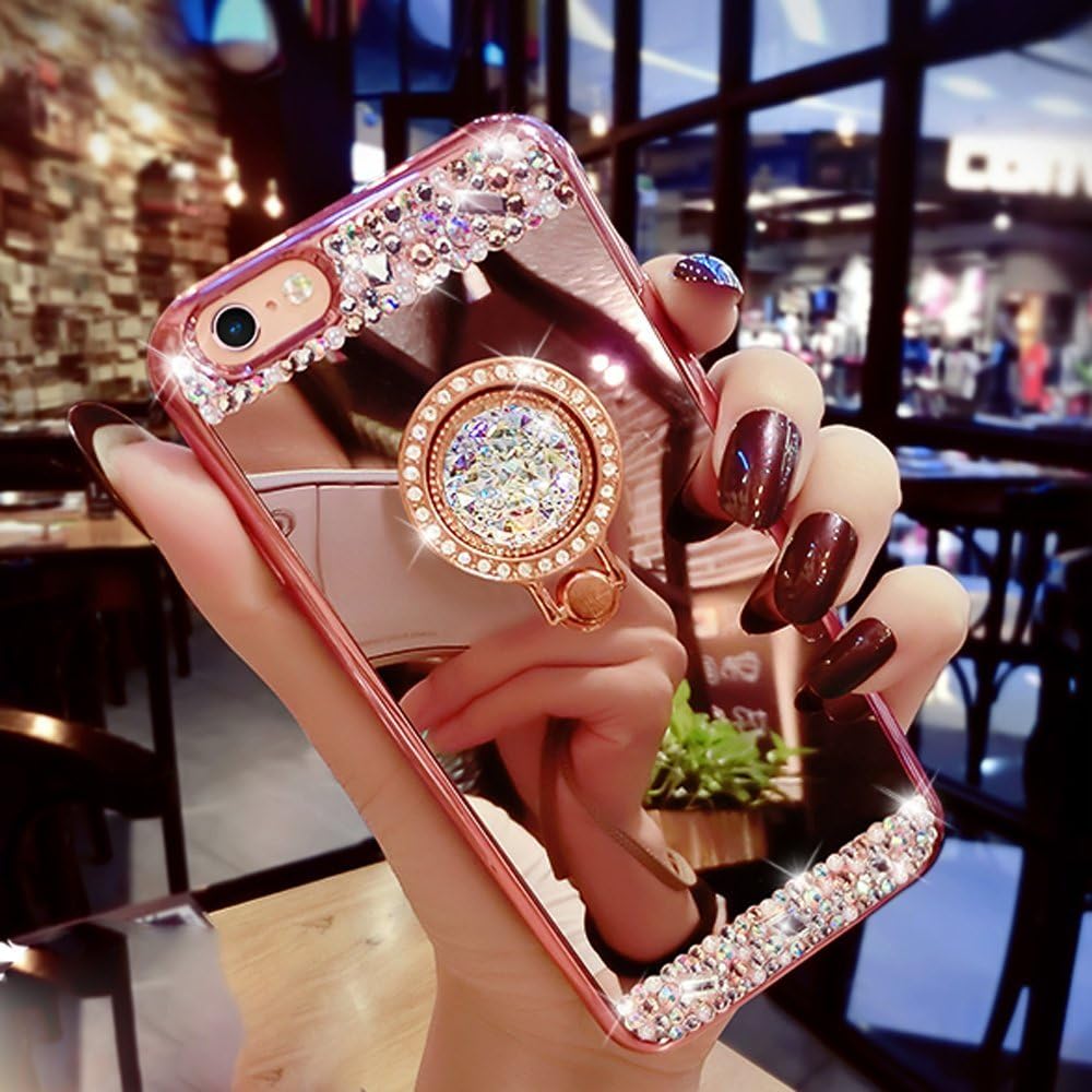 Lozeguyc iPhone 8 Plus Case,Luxury Crystal Rhinestone Soft Rubber Bling Diamond Glitter Mirror Makeup Case for iPhone 7 Plus 5.5 Inch with Detachable 360 Degree Ring Stand-Rose Gold
