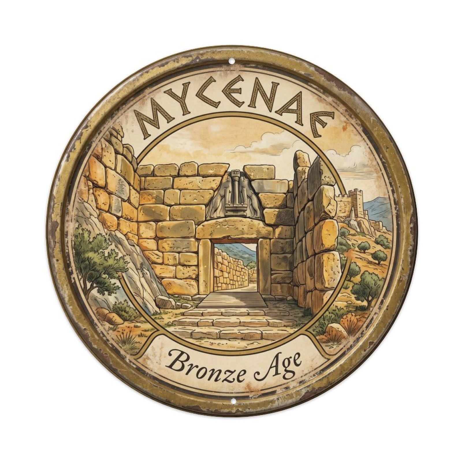 Vintage Travel Mycenae Lion Gate Metal Tin Sign Plaque Wall Decor for Cafe, Club, Garden Round Metal Poster 8x8Inch