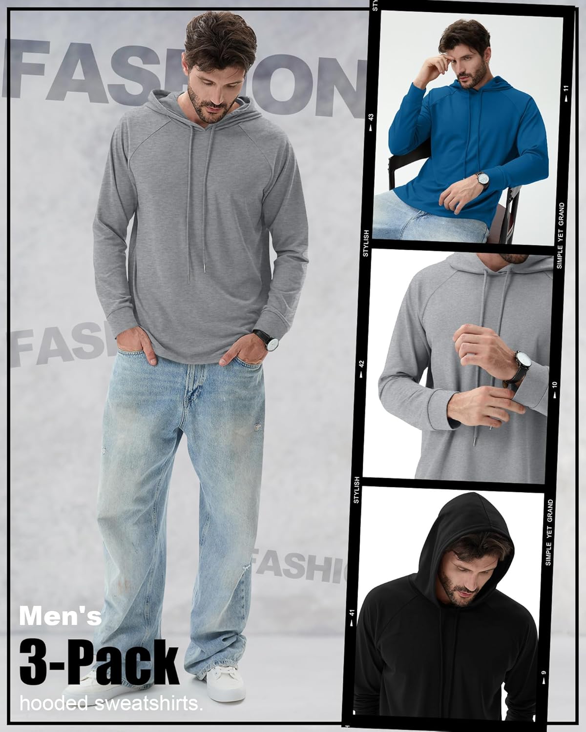 3 Pcs Mens Big and Tall Hoodies Long Sleeve Pullover Lightweight Hooded Loose Drawstring Athletic Sweatshirts - Image 3