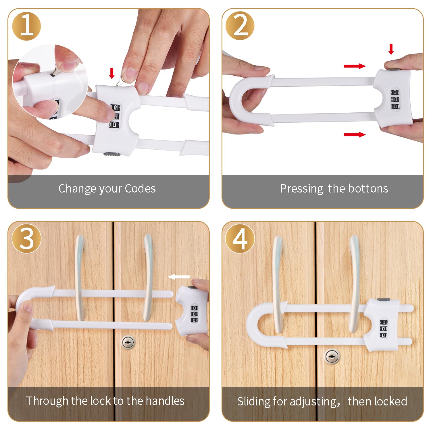 Paquete de 4 cerraduras deslizantes en forma de U multifuncionales para gabinetes de seguridad infantil, clips ajustables a prueba de bebés para armarios del hogar, puertas de refrigerador, pomos de