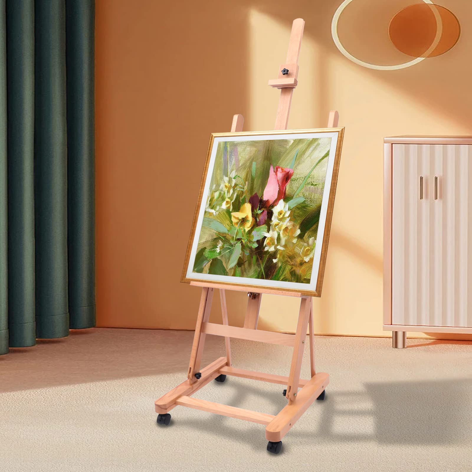 Caballete de madera, caballete grande de estudio, caballete de pintura, soporte móvil e inclinable, disponible en plano