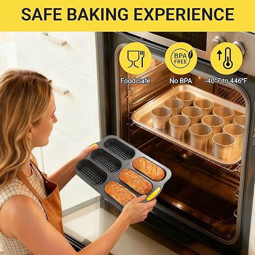 Miniatura 3 de Molde de silicona para pan de baguette de 6 cavidades, molde antiadherente para hornear hoagie y molde para bollos para perros calientes, molde para