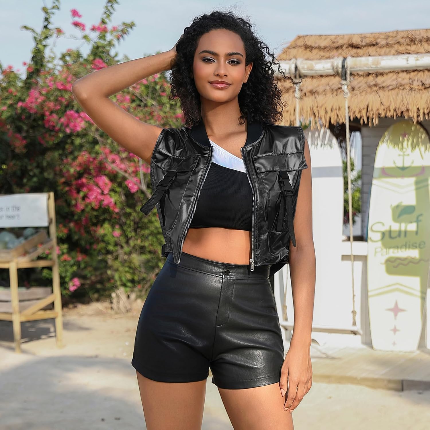 Perfashion Cropped Vest For Women Buckle Zip Up Metallic Cargo Cyberpunk Jacket With Pockets Streetwear Rave Outfit - Image 3