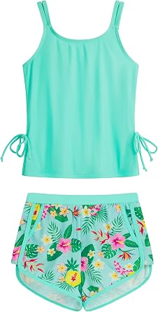 HOZIY Girls Swimsuit Two Piece Tankini Girls Bathing Suit with Boyshort Adjustable Strap Drawstring Kids Swimwear for 5-14Y