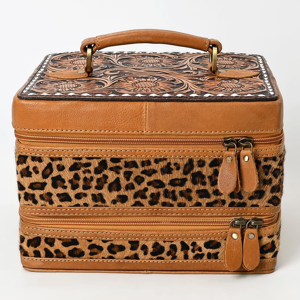 American Darling Hair-On Cowhide Hand Tooled Floral Carved Leather Jewelry Case Genuine Western Leather with YKK Zipper