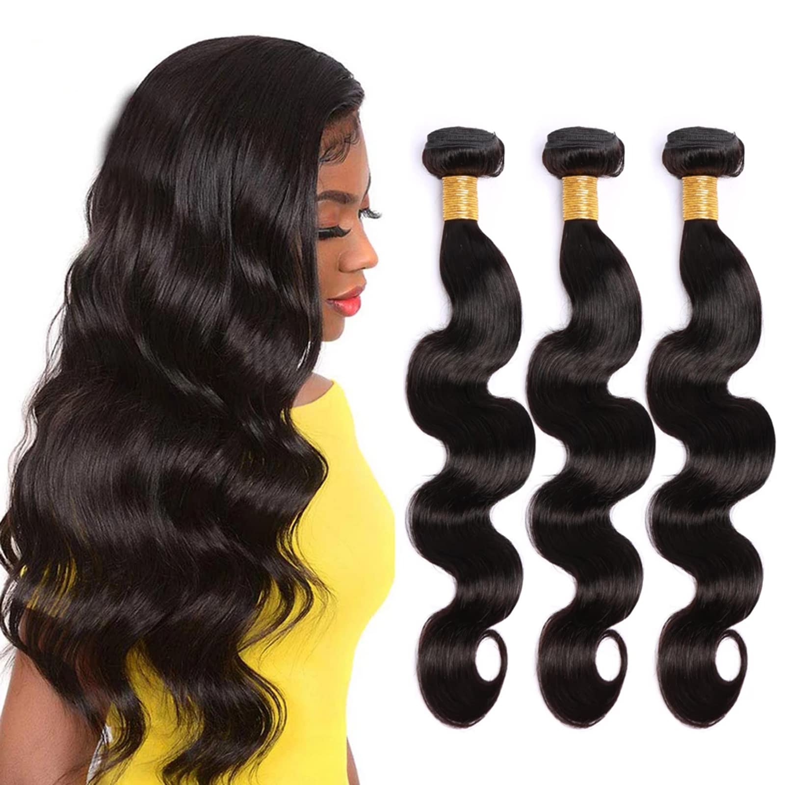 SHWAIRBody Wave Bundles 16 18 20 Inch Human Hair 10A 100% Unprocessed Brazilian Body Wave Bundles 3 Bundles Human Hair Natural Black Color