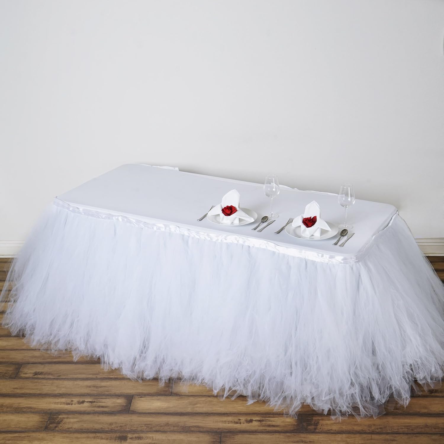 Tableclothsfactory 21ft FULL SIZE 8 Layer Fluffy Tulle - Tutu Table Skirt - White