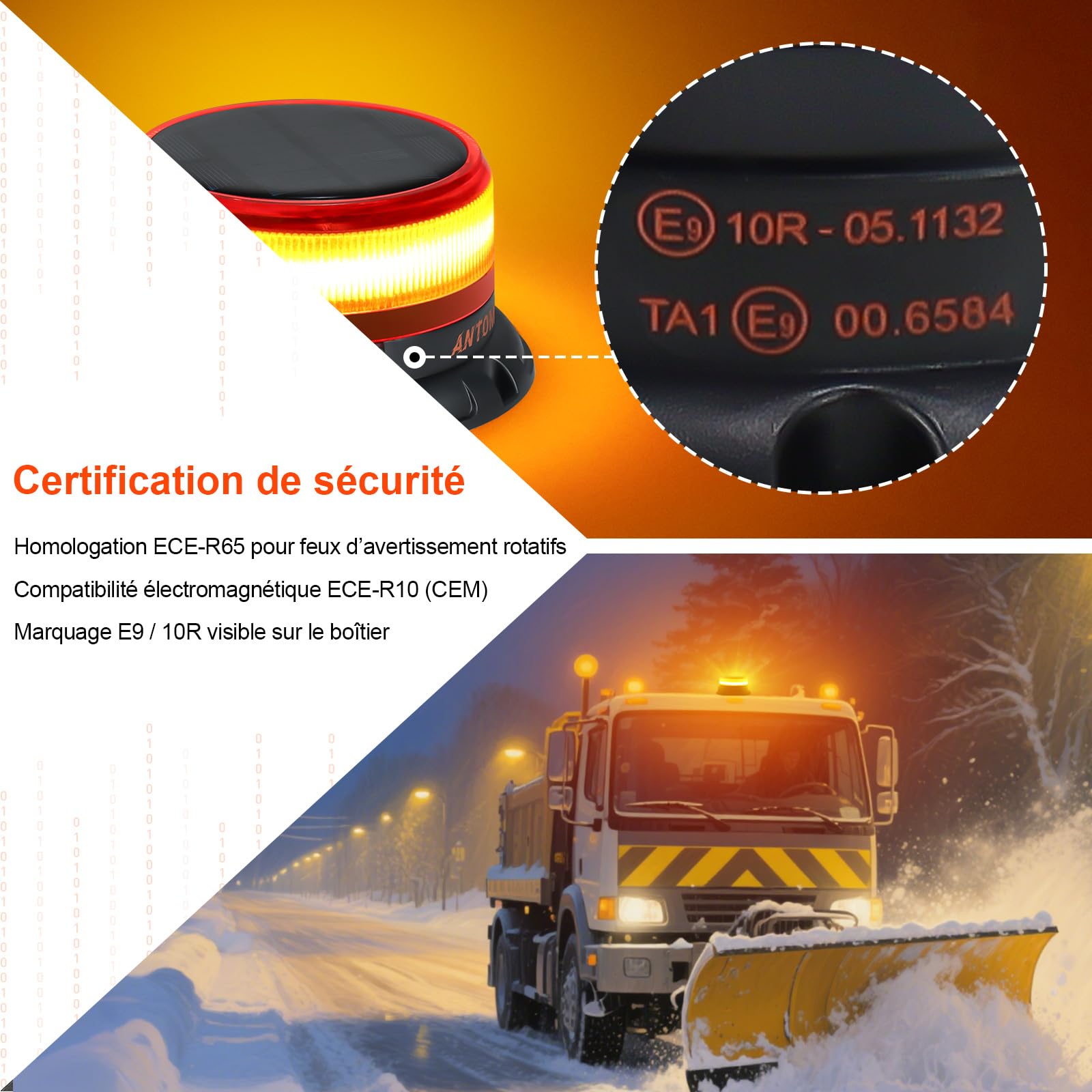 AnTom Gyrophare LED avec batterie solaire 9 modes de clignotement 12V 24V gyrophare orange magnétique avec câble et câble USB pour voiture, camion, tracteur, voiture de golf, véhicules d'urgence