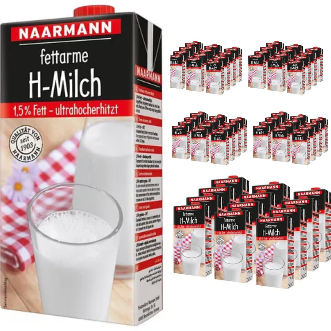 Naarmann Milch fettarme H-Milch 1,5% Fett Haltbare Milch, je 1 Liter, 60 Stück + pufai