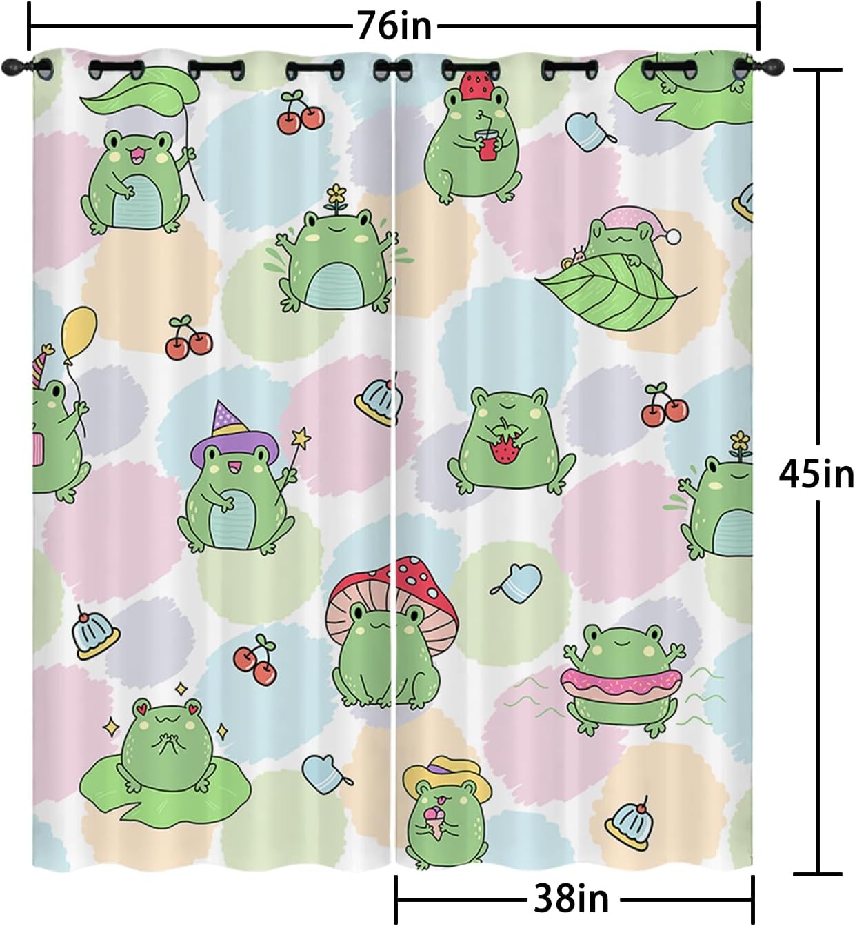 AILONEN Cartoon Mushroom Frog Window Curtains,Amphibian Animal Drapes Curtains,Cute Green Frog Window Drapes Treatment Living Room Bedroom Home Decor, 38" W x 45" H (2 Panels)