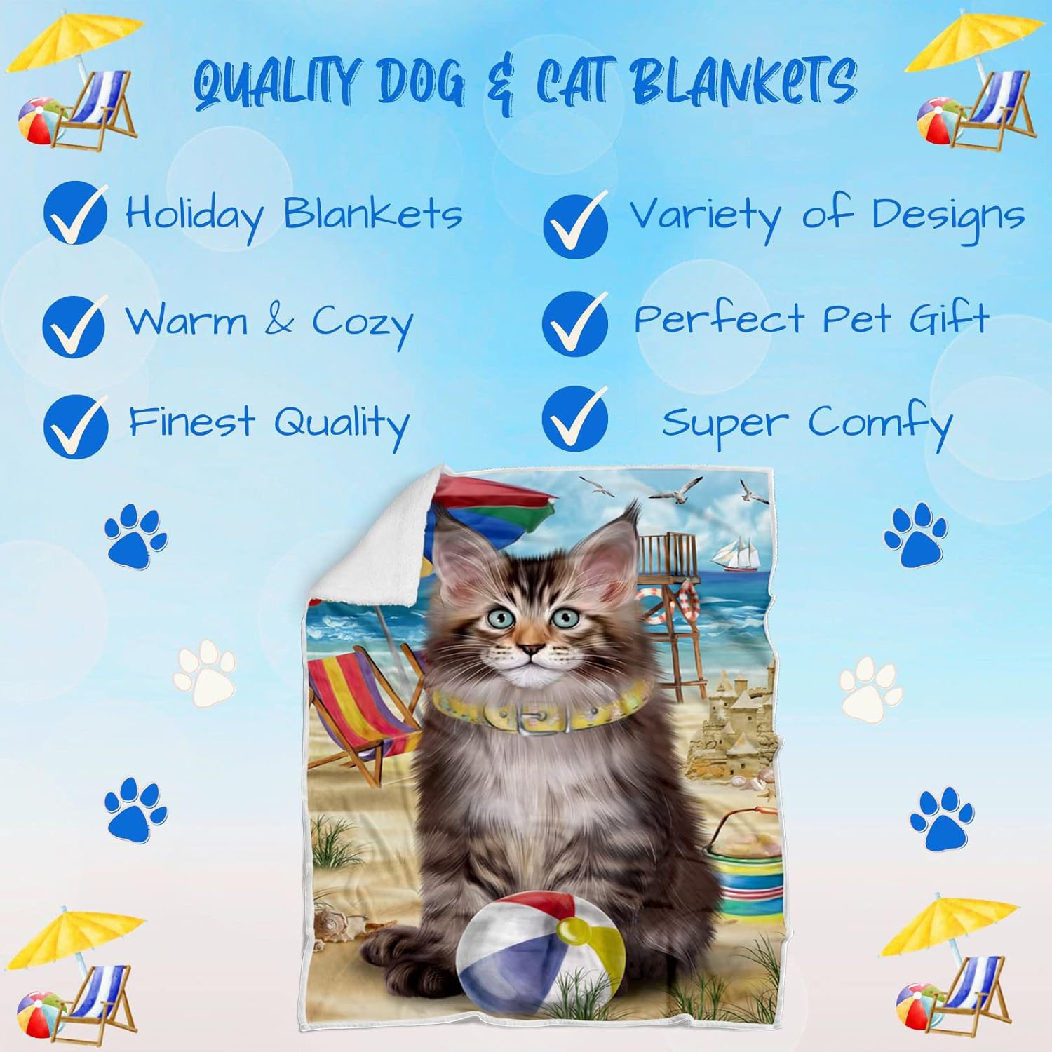 Pet Friendly Beach Maine Coon Cat Blanket - Lightweight Super Soft Cozy and Durable Bed Blanket - Animal Theme Fuzzy Blanket for Sofa Bed Couch BLNKT56316 (50x60 Woven)