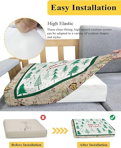 Miniatura 5 de Wowouhiya Fundas de cojín para sofá de árbol de Navidad, funda elástica para sofá con parte inferior elástica, diseño de campanas de árbol de