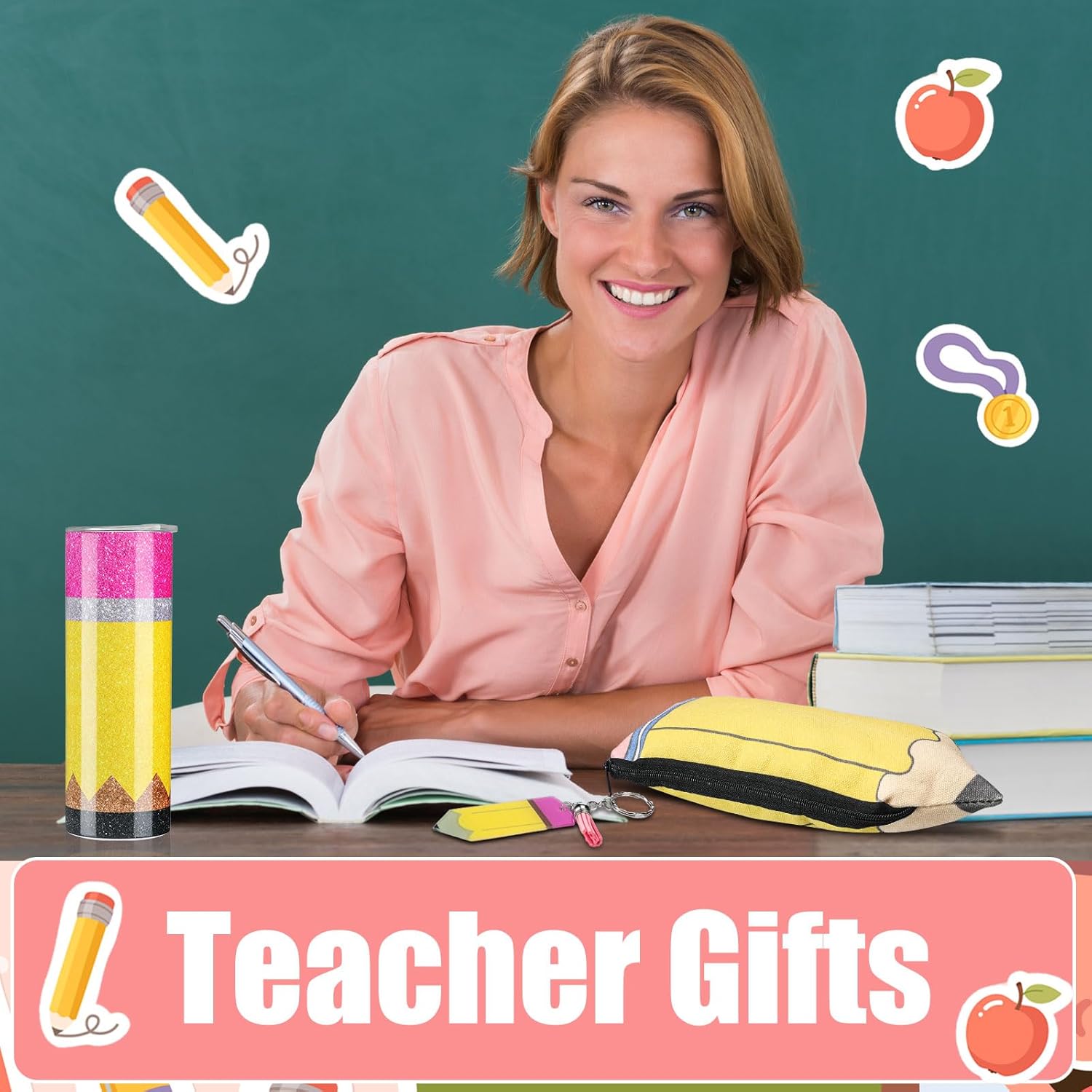 Abbylike 3 Pcs Teacher Appreciation Gifts 20oz Coffee Tumbler Pencil Glitter Tumbler with Lid & Straw Pencil Pouch Keychains Birthday Gifts - Image 6
