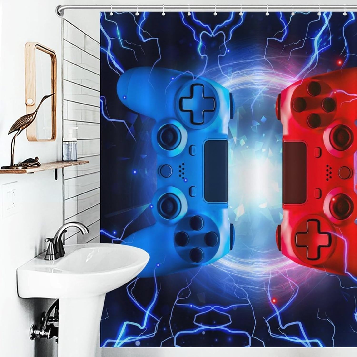 Gaming Shower Curtain for Bathroom, Red Blue Flash Game Controller Video Game Gamepad Cooling Funny Kids Boys Teen Waterproof Fabric Bath Shower Curtain Set with Hooks, 72"x72" Inch image 3