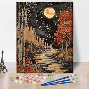 TUMOVO Paint by Numbers Kit for Adults, Serene River with Forest Trees Moon Night Landscape Art, DIY Canvas Kit for Beginners, Relaxing Nature Scene Painting by Numbers, 16x20 Inch