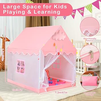 Kid Play Tent with Lights,Flags & Clouds,Kids Playhouse Tent Indoor&Outdoor