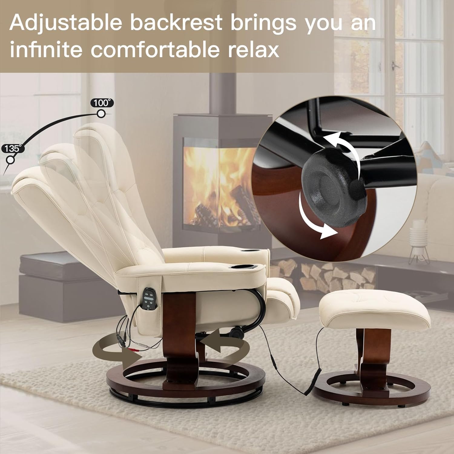 Electric Massage Recliner with Ottoman, Swivel Lounge Chair with Footrest and Adjustable Back for Living Room, Office & Bedroom, Faux Leather, Beige