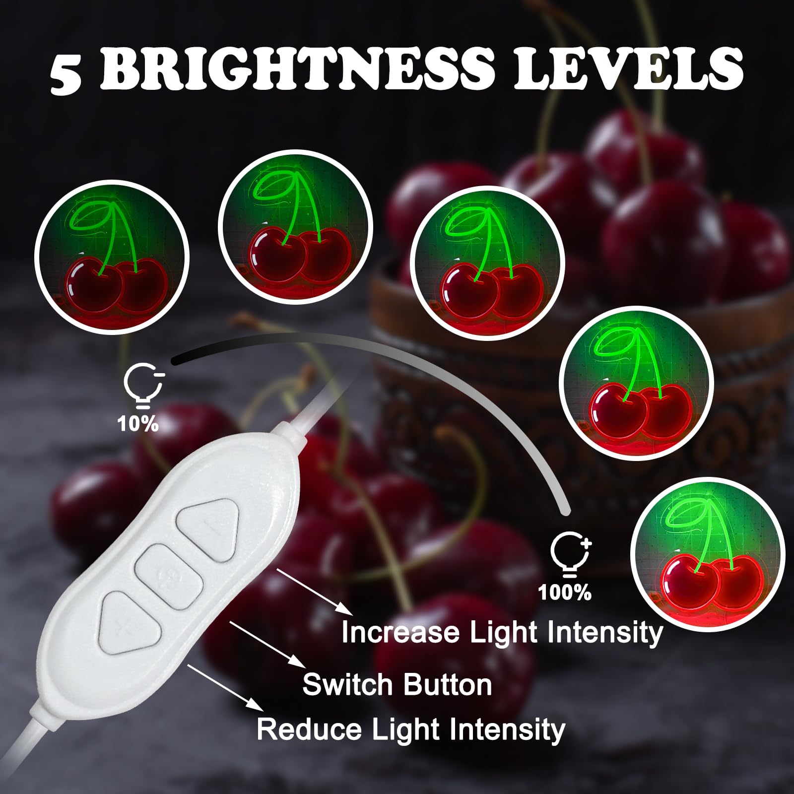 Insegna al neon a forma di ciliegia, decorazione da parete, dimmerabile, con stampa di frutta, luci al neon al neon a tema frutta vibrante per camera dei bambini, camera da letto, ristorante, bar
