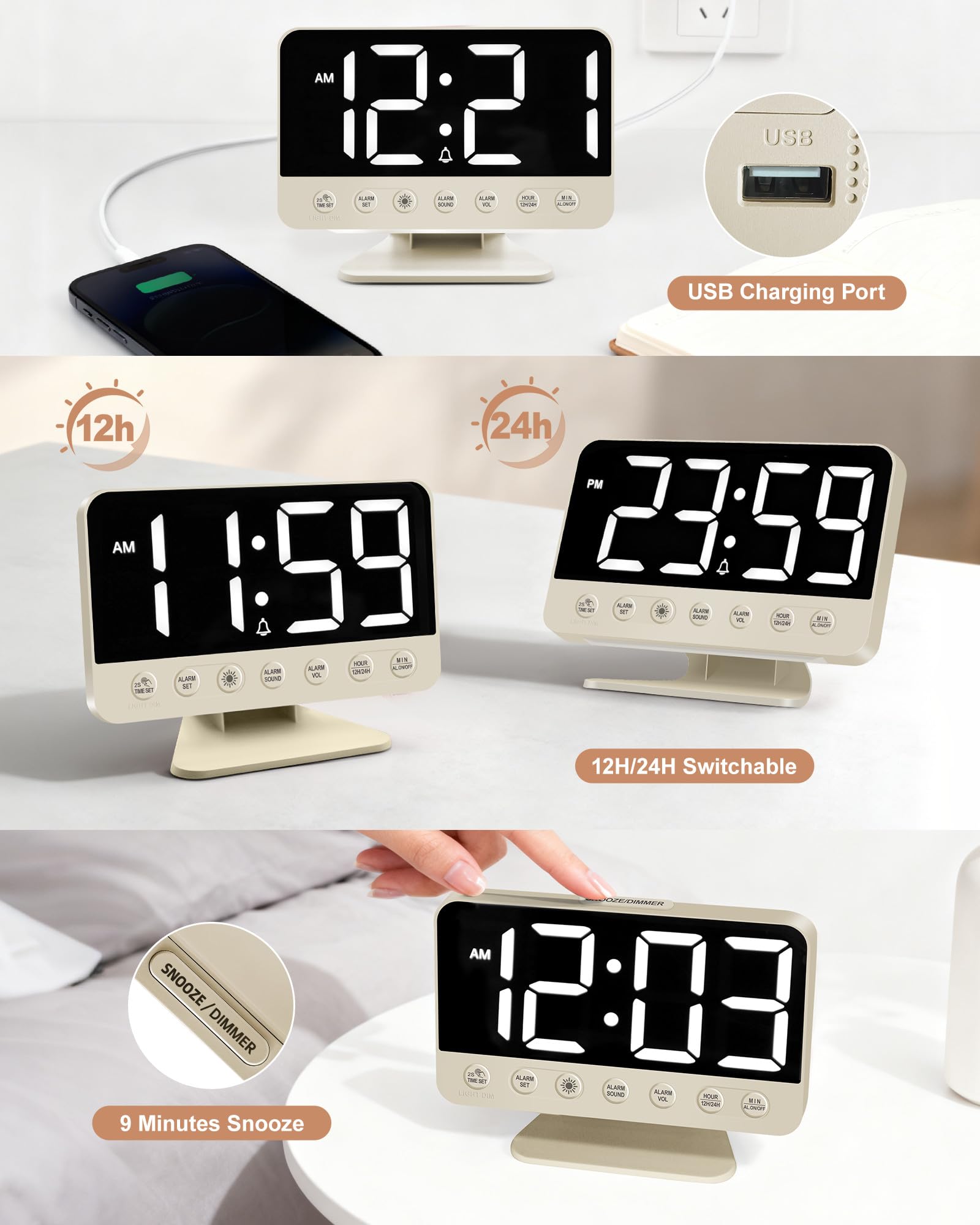 Reloj despertador digital para mesita de noche: reloj despertador fuerte para personas que duermen mucho, repetición, puerto USB, brillo/volumen ajustable, alimentación de red, 12/24 horas