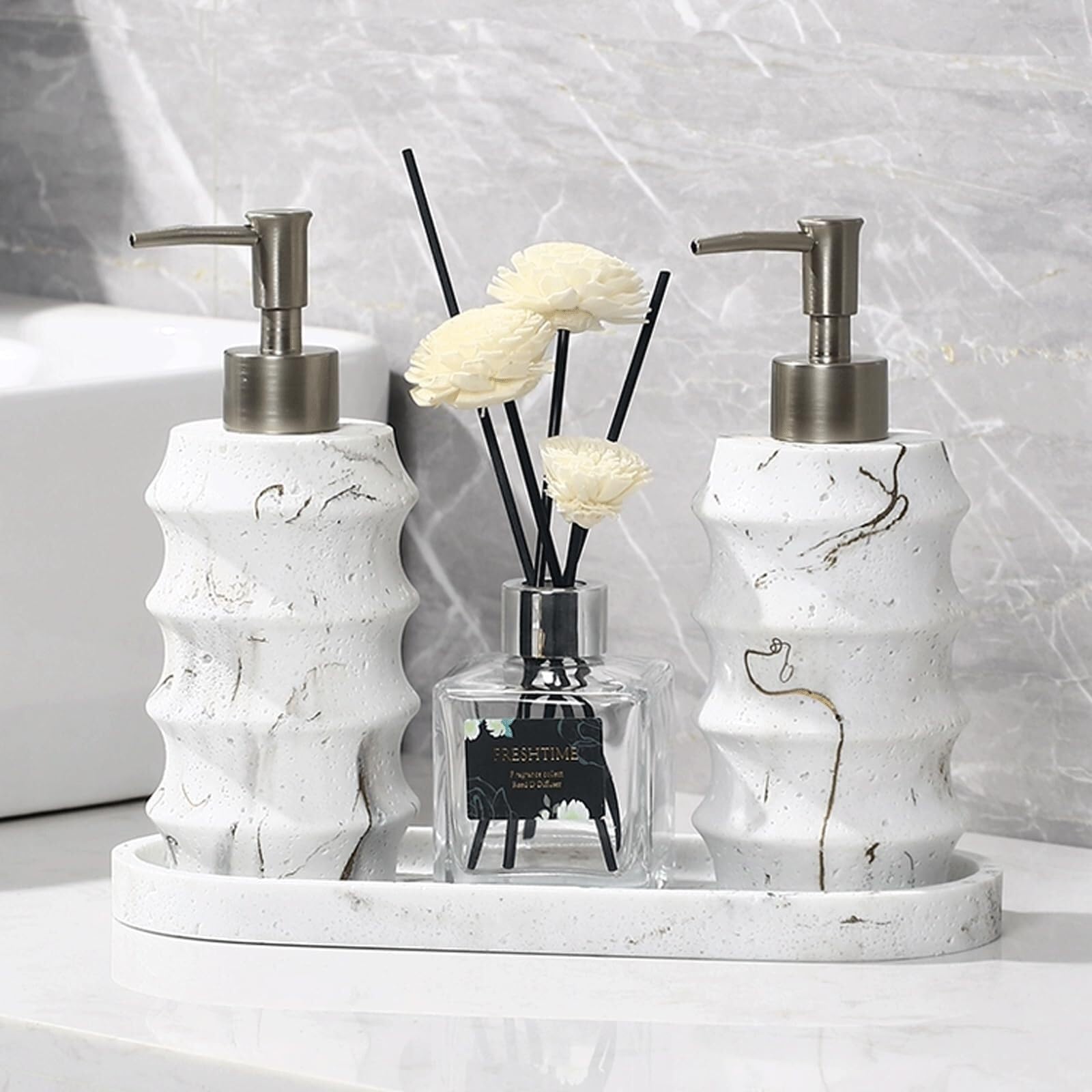 Set di accessori per il bagno Distributore di sapone for piatti da banco in pietra arenaria con pompa argentata Arredamento per gli affittuari(White Set-2)
