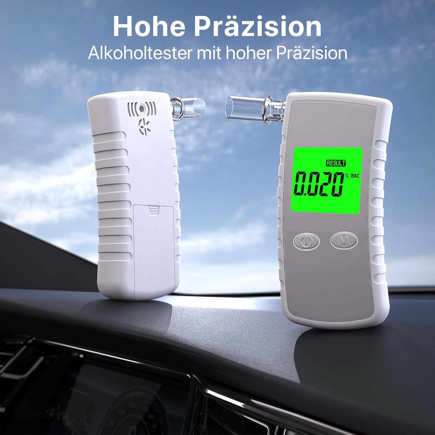 Alkoholtester Polizeigenau, Alkoholtester Promillemessgerät mit LCD-Display, Professioneller Alkoholmessgerät mit 10 Mundstücken, Hochpräziser Promillemessgerät für den Heim- und Partygebrauch(Weiß) - 2