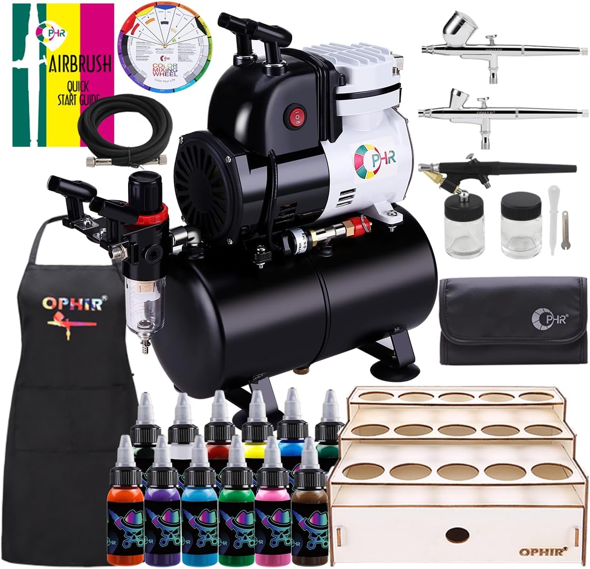 OPHIR 1/6 HP Professional Airbrush Kit, Oil-Free Air brush Kit with Air Compressor, 3 Airbrushes 0.2/0.3/0.5mm Nozzles, 3L Air Tank, 12 Colors Airbrush Paint & Holder for Miniature Model Shoes Crafts